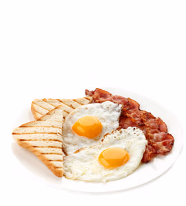 A breakfast plate with two sunny-side-up eggs, crispy bacon strips, and toasted bread triangles.
