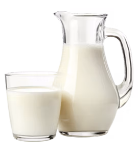 A clear glass pitcher and matching glass filled with fresh milk.