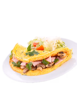 A folded omelette filled with ham and mushrooms, garnished with parsley and served with a fresh side salad on a white plate.