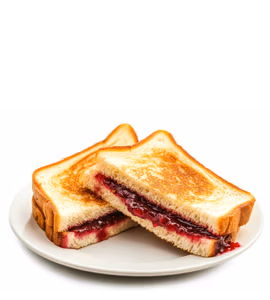 A stacked peanut butter and jelly sandwich made with white bread, sliced diagonally.
