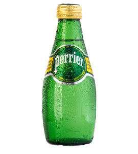 A chilled green glass bottle of Perrier sparkling natural mineral water with a gold cap.