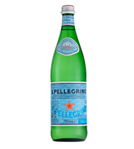 A 750ml green glass bottle of S.Pellegrino sparkling natural mineral water with a blue label and red star.