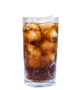 A tall glass of cola with ice cubes and visible carbonation.