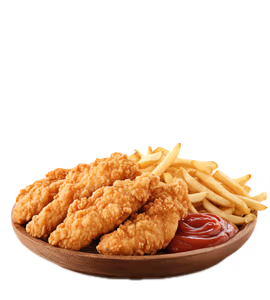 A wooden plate filled with crispy chicken tenders, golden French fries, and a swirl of ketchup.