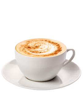 A white porcelain cup of cappuccino with cinnamon swirled foam, served on a matching saucer.