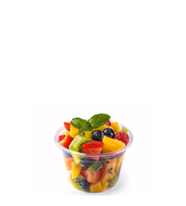 A clear plastic cup filled with assorted fresh fruits including strawberries, kiwi, mango, blueberries, raspberries, and mint garnish.