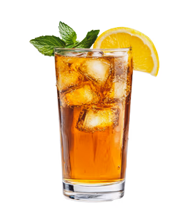 A tall glass of iced tea with lemon slice, fresh mint, and ice cubes.
