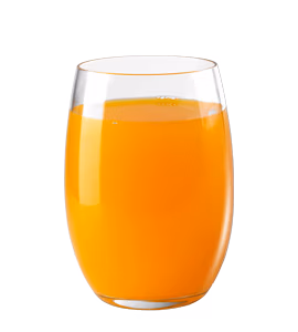 A clear glass filled with fresh orange juice.