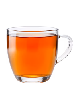 A clear glass mug filled with freshly brewed hot tea.
